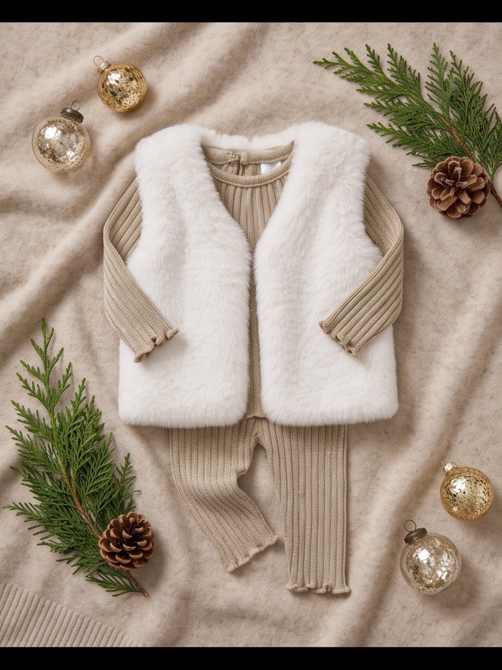 3 pcs Kids Matching Set with Cream Vest and Tan Ribbed Knit